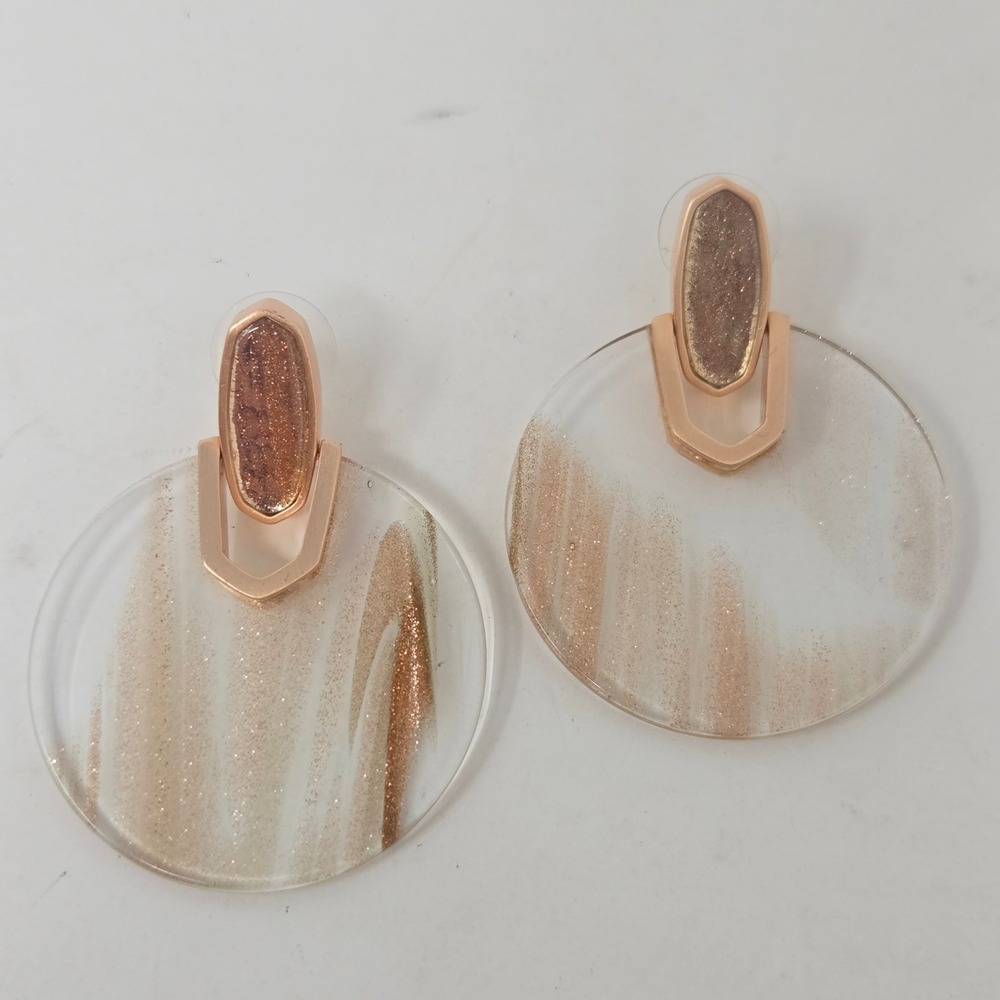 Kendra Scott Rose Gold Glitter Acrylic Circle Drop Earrings Statement Jewelry